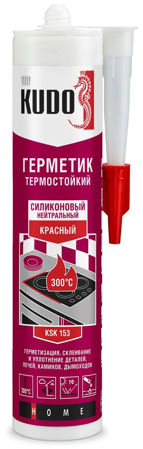 Герметик силиконовый нейтральный высокотемпературный, красный  280 мл KUDO