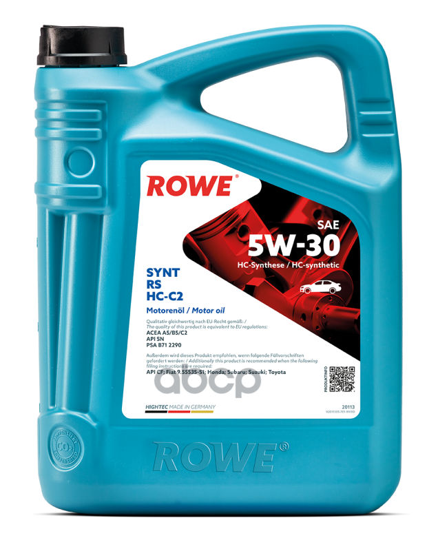 Моторное масло ROWE синтетическое 5w30 Hightec Acea A5/B5,C2,Api Sn, Cf Synt Rs Hc-C2 5л