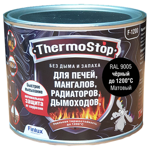 Краска, Грунт-Эмаль Finlux F-1200 до +1200°C Антикоррозионная, Быстросохнущая, Кремнийорганическая, Матовое покрытие, Черный, 0,5 кг., 1200 С