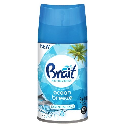 Сменный баллон к автоматическому распылителю освежителя воздуха BRAIT Ocean Breez (250 мл), совместим с AirWick, аромат морской бриз